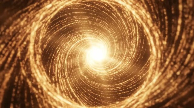 Golden luminous particle vortex spiraling toward a radiant center with zoom effect, abstract animation for cinematic backgrounds