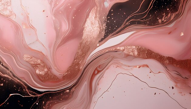 Liquid Abstract Marble Painting Background Print With Rose Gold Glitter Splatter Texture