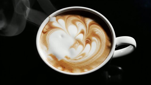 Plain Ceramic Mug Of Hot Coffee With Milk Splash And Latte Art On A Black Background Conveying Warmth And Comfort