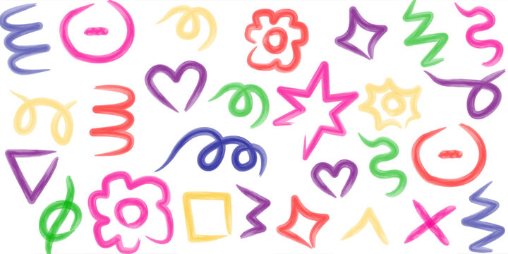 Colorful Hand Drawn Abstract Doodle Shapes Collection on White Background