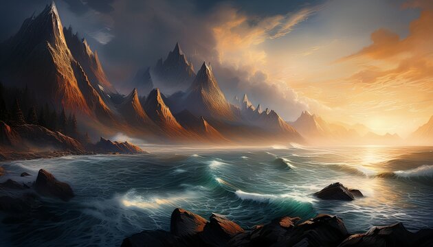 Dramatic Mountain Seascape D Rendered