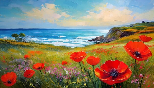 Poppy Field Near The Sea Colorful Coast Art Oil Painting