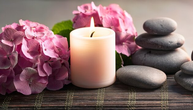 Cozy Spa Setting With Lit Candle Pink Hydrangea And Grey Stones
