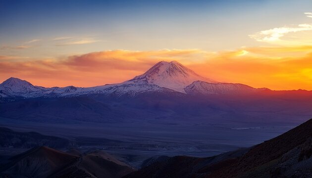 Stunning Sunset Over Mount Damavand A Majestic Landscape Of Snow Capped Peaks And Colorful Skies