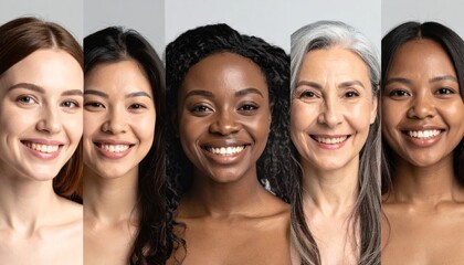 Fototapeta premium Portraits of diverse women with different skin tones, hair colors, and ages, smiling brightly
