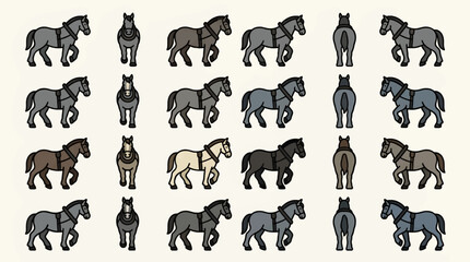 Fototapeta premium Flat Design Vector Icons of Draft Horses in Various Poses and Colors, Showing Strong Build and Steady Gait, Set on White Background