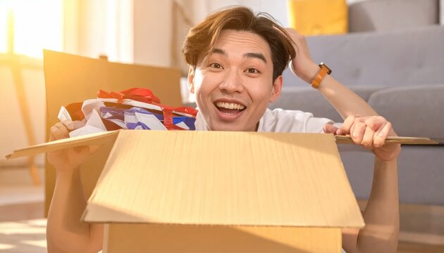Young Asian man with surprised face, leaning over an opened cardboard box