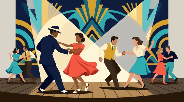 Art Deco Swing Dance Competition with Diverse Couples on Stage, Vibrant Geometric Background, Spotlight Illumination, Retro Entertainment Scene