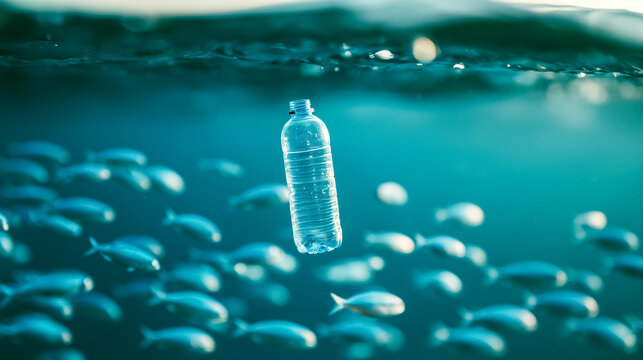 Plastic Bottle Floating Underwater: A stark visual of plastic pollution, a single water bottle drifts in the deep blue ocean, surrounded by a school of fish, highlighting the environmental impact.