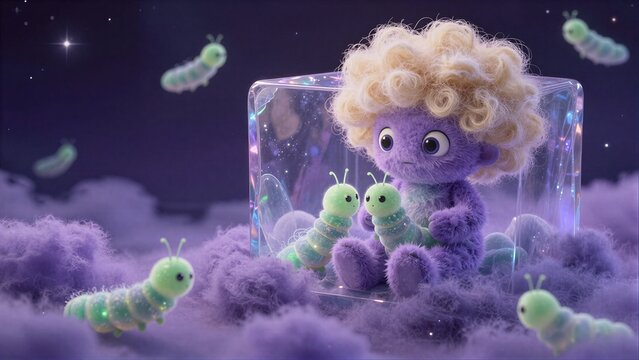 Purple creature with curly hair sits in a glowing cube among floating caterpillars and stars.