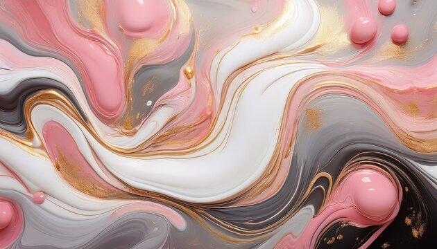A Mesmerizing Display Of Flowing Liquid Marble Showcases Pearlescent Tones Of White Pink And Gray Accentuated By Vibrant Gold Shimmer Creating Depth And Movement Generative Ai