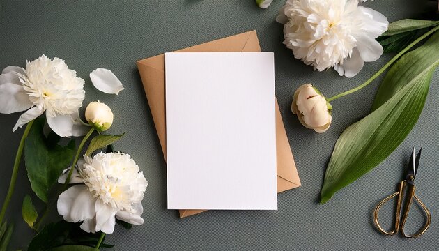Flat Lay With Blank Stationery Invitation Card And Fresh Flowers