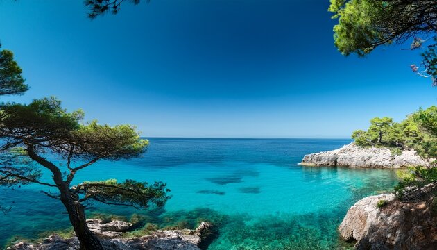 Coastal Cove With Pine Trees Framing A Clear Blue Sea