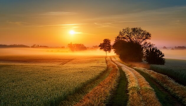 Farm Field Foggy Sunrise