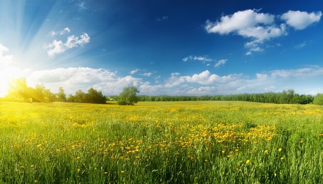 Sunny Rural Meadow Under Expansive Blue Sky