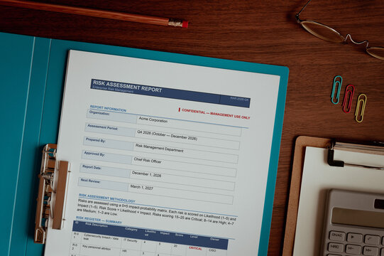 Risk Assessment Report with Security Matrix Displayed on Workspace &mdash; Ideal for IT Security and Compliance Articles