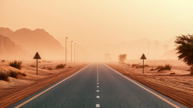 Endless Desert Road at Sunset: A lonely highway stretches into the hazy distance, flanked by sand dunes and sparse desert vegetation, under a warm, orange sky.