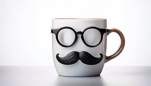 Isolated White Coffee Mug With Hipster Mustache And Glasses On White Background
