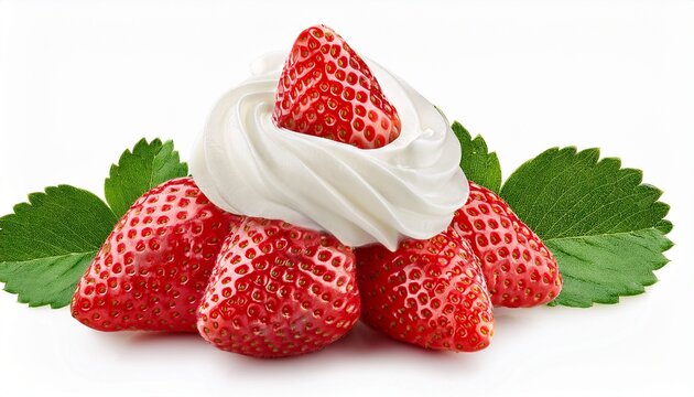 Strawberry With Whipped Cream Isolated On White Background With Clipping Path