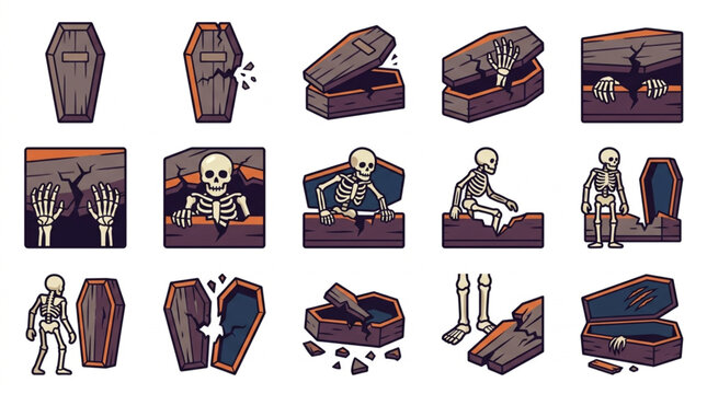 Collection of cartoon coffins and skeletons in various poses and states of opening.