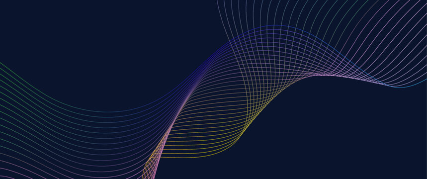 Intersecting colorful wave lines forming complex grid on dark navy background for advanced technological concept and digital connectivity visualization with vibrant neon light effects for web.