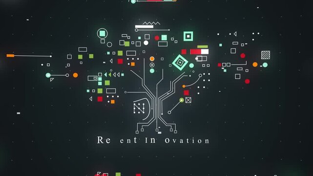 Digital network nodes and geometric symbols animating across a dark screen background creating a sophisticated motion graphics video display representing modern technological connectivity and abstract