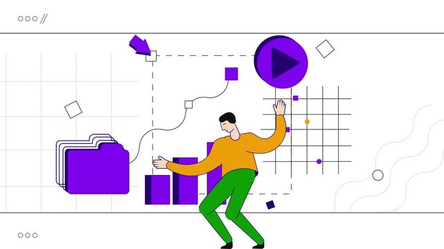 Creative professional interacting with digital interface elements including purple video motion icons and data charts within a modern minimalist workspace setting designed for interactive software dev