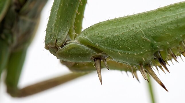 Macro Extreme Close Up of Praying Mantis Spiky Front Leg on White Background