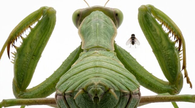 Dramatic Macro View of Raised Praying Mantis Arms Facing a Fly on White Background