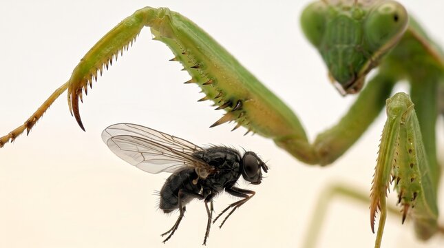 Macro Close Up of Spiky Green Praying Mantis Leg Striking a Housefly on White Background