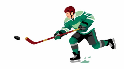 Fototapeta premium Flat Design Hockey Player in Green Uniform Skating and Shooting Puck, Dynamic Action Illustration with White Background and Copy Space, Sports Graphic Resource