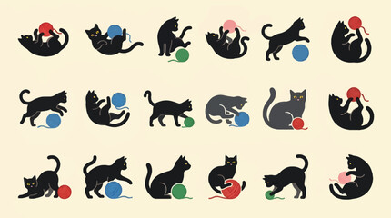 Obraz premium Flat Design Vector Illustration of Black Cats Playing with Colorful Yarn Balls, Various Poses and Actions, Simple Graphic Style with Cream Background