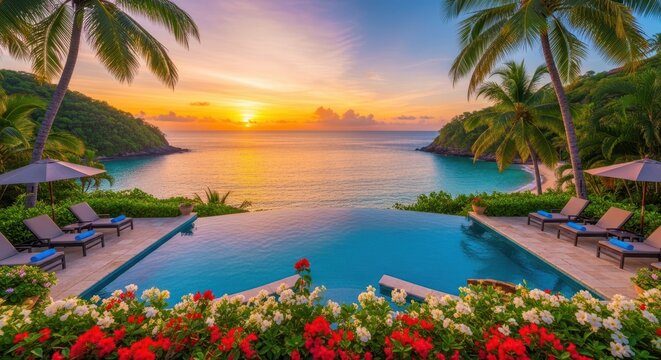 Tropical infinity pool overlooking ocean bay at sunset with colorful flowers.
