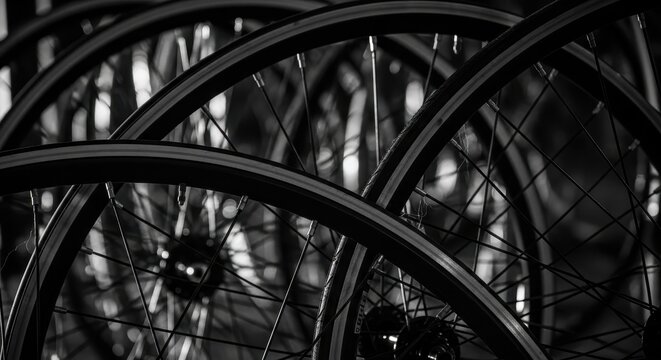 Abstract close up of many bicycle wheel spokes and rims in dark black and white.