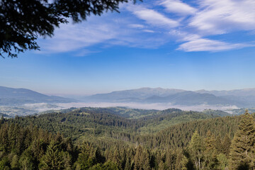 Obraz premium Scenic panoramic view of Carpathian mountains with foggy valley in morning light.