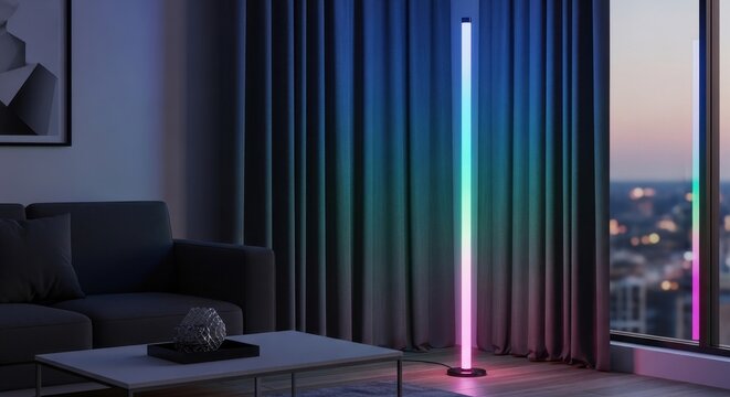 Modern living room corner featuring tall rgb floor lamp standing near grey curtains.