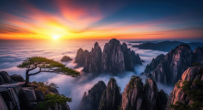 Breathtaking mountain sunrise over sea of clouds with lone pine tree on foreground.
