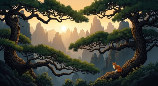 Traditional oriental landscape with pine trees fox and mountains during sunset.