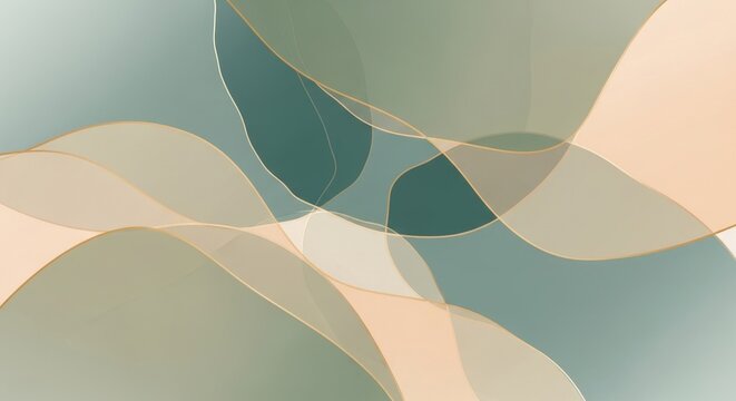 Abstract flowing wave pattern with soft green beige shapes and golden outlines.