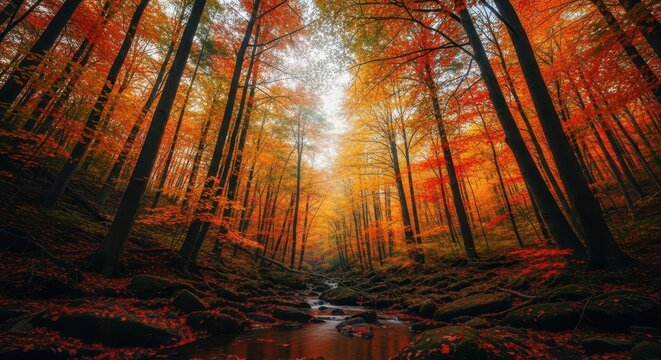 Vibrant autumn forest with river, colorful leaves create beautiful fall scenery.