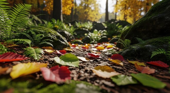 Autumn forest floor covered with colorful fallen leaves and green mossy rocks.