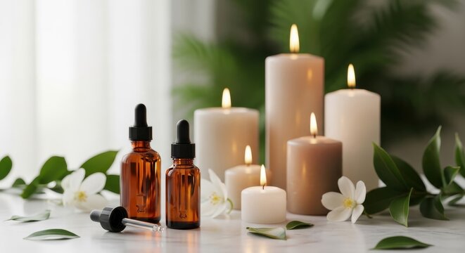 Aromatherapy essential oil bottles with burning candles and white flowers.