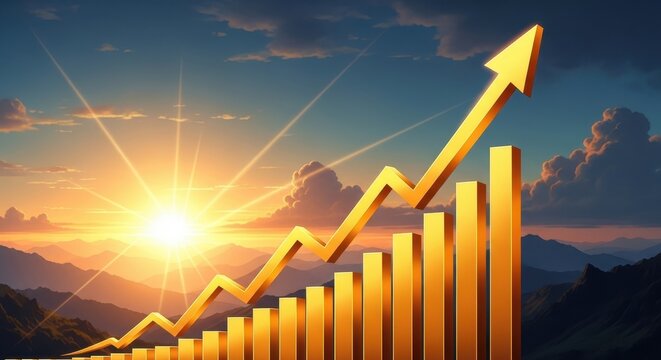 Golden bar chart and arrow pointing up at sunrise, business growth concept.