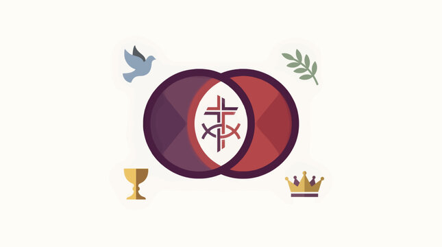 Flat Design Christian Symbols: Vesica Piscis, Dove, Chalice, Crown, Olive Branch, Purple and Red Palette, Vector Illustration