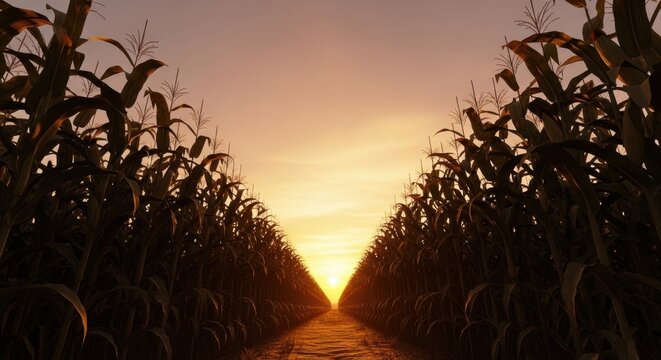 Golden sunset over corn field with symmetrical rows of tall maize plants farm.