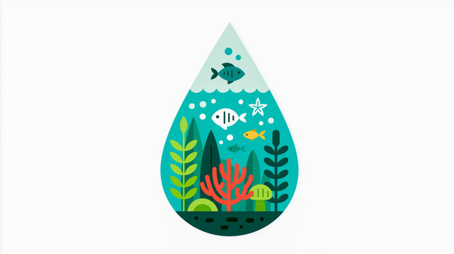 Underwater World in a Teardrop: A vibrant illustration of an aquatic ecosystem encapsulated within a teardrop shape, showcasing diverse marine life and coral reef elements.