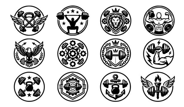 Clean line art fitness gym emblem vector set with classic bold workout badge heavy dumbbell kettlebell weight yoga mat bodybuilding and sweet retro athletic graphics for apparel