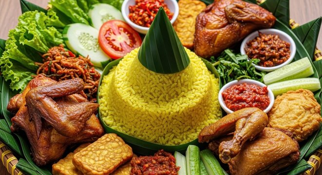Traditional indonesian tumpeng yellow rice dish served with chicken and side sides.