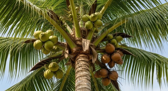 Tall coconut palm tree bearing fresh green and brown fruit against clear sky.