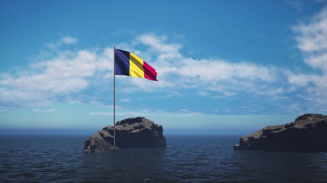 Chad Flag Standing In The Middle Of The Ocean Near A Rock